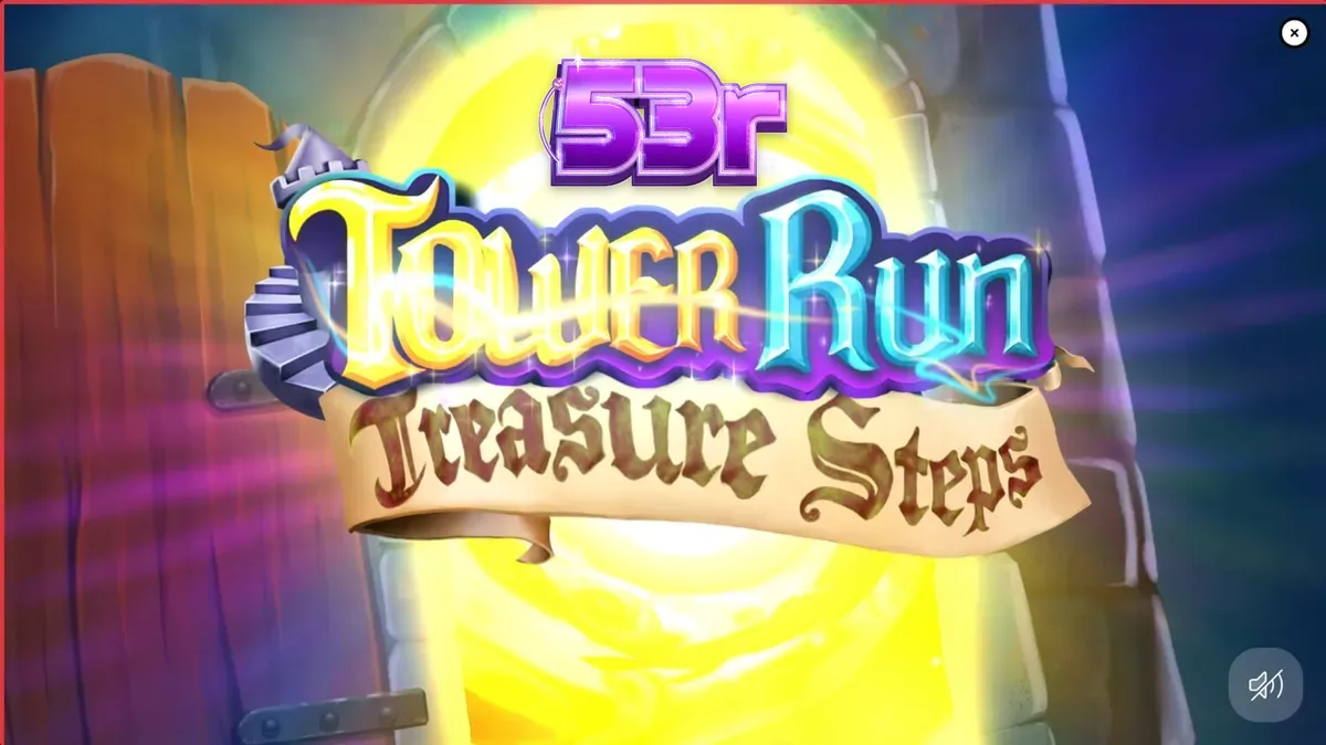 Captura de tela do jogo Tower Run Treasure Steps da Play’n GO, mostrando o aventureiro Bob em uma torre pixelizada com símbolos de tesouro e monstros.